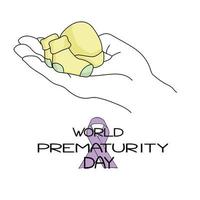 World Prematurity Day, Very small socks, a hat on a large open palm, themed inscription and a colored ribbon vector