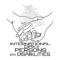 día internacional de las personas con discapacidad, manos de apoyo y silueta de silla de ruedas en el fondo y la inscripción temática vector