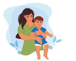 A young woman or mother holds a little boy or son in her arms. Care or custody of children. vector
