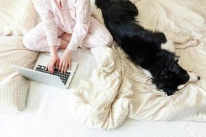 oficina móvil en casa. mujer joven en pijama sentada en la cama con un perro mascota trabajando en una computadora portátil en casa. chica de estilo de vida estudiando en el interior. concepto de cuarentena empresarial independiente. foto