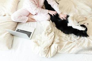 oficina móvil en casa. mujer joven en pijama sentada en la cama con un perro mascota trabajando en una computadora portátil en casa. chica de estilo de vida estudiando en el interior. concepto de cuarentena empresarial independiente. foto