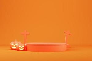 Halloween scene for display product with carved glowing pumpkin and graveyard cross on orange background photo