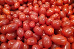 Stack of red plum tomatoes a market stall photo