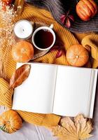 Top view opened blank book for mockup design with pumpkins and tea