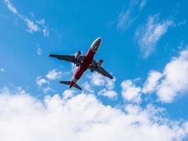 Airplane flying on blue sky photo