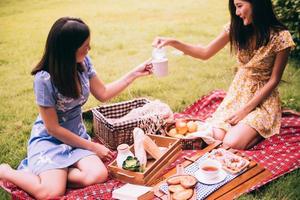 dos amigas disfrutando de un picnic juntas en un parque. foto