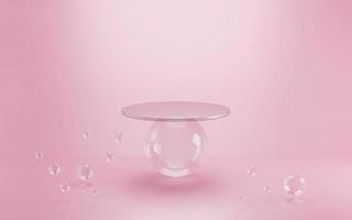 Pink minimal podium with glass ball and silver circle plates on pink scene background, mock up, geometry shape platform for product display, modern stage. 3D render illustration. photo