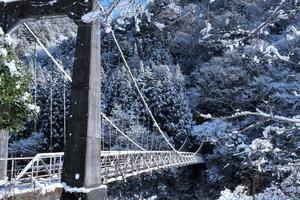 Wood and metal bridge over a river valley in the snow from side photo