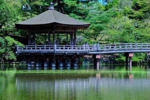 Wooden gazebo over pond in park from side photo