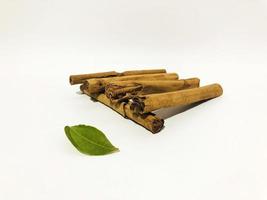 Fragrant cinnamon sticks on a white background photo