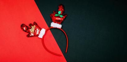 Christmas background concept. Top view of Christmas gift box gold balls with spruce branches, christmas headband photo