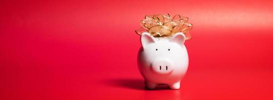 Composition with piggy bank isolated on red background. photo