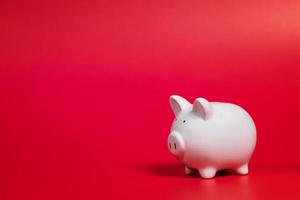 Composition with piggy bank isolated on red background. photo