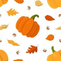 Autumn Vector Seamless Pattern With Pumpkins, Fallen Leaves and Rowan. Perfect for Wrapping Paper, Packing, Textile, etc.