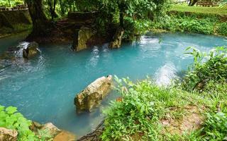 blue stream river blue water pond in the jungle tropical forest photo