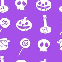 Halloween seamless pattern with spell bottle, pumpkin, frankenstein, and more. Halloween seamless purple background. Ready for printing. easy to edit vector