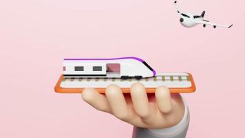hand holding smartphone with worldwide shipping, scooter, truck delivery, plane, sky train transport isolated on pink. service transportation, air cargo trucking, land transport, 3d animation, alpha