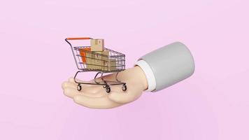 Mãos de empresário de desenho animado 3D segurando carrinho de compras com caixa de papelão de mercadorias isoladas no fundo rosa. conceito de venda de verão de compras online, animação 3d, alfa video