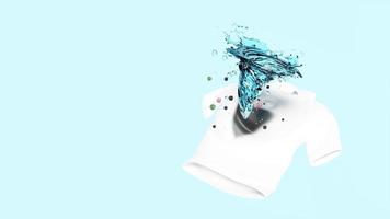 chemise spectacle laver avec un bain à remous, vortex, eau tournant sur la surface de la fibre de tissu, illustration publicitaire 3d nettoyer avec de la lessive en poudre, détergent liquide, isolé sur bleu, animation 3d, alpha