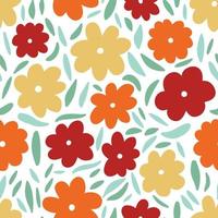 Seamless pattern floral background with simple hand drawn flower head and leaves doodle. Red, yellow, orange autumn floral backdrop design. Vector illustration
