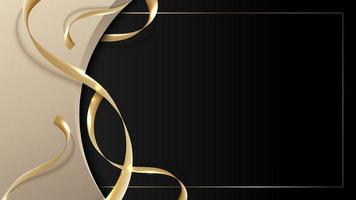 Abstract 3D luxury template golden curved shape with gold ribbon curly decoration on black background vector