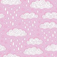 Seamless pattern with celestial clouds and rain drops. Children s Vector Illustration.