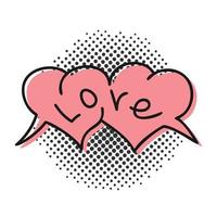 Speech bubble in the form of hearts with the word love in retro style on a white background. Vector icon bubble icon. Comic speech.