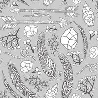 Vector seamless pattern in Boho style with arrows of feathers, plants, stones and rope.