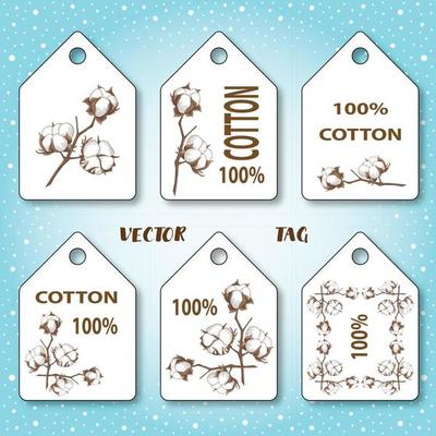 Vector tags with an illustration of a cotton branch. 100 cotton.