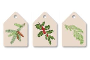 A set of tags with Christmas holly branches with leaves and berries, spruce with cones and juniper. Vector illustration.