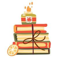 Autumn ilustration with stack of books, burning candle and slice of dry orange vector