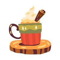Autumn cup of coffee or cacao with fluffy foam and cinnamon on a wood stand vector