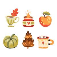 conjunto de lindos elementos de otoño, taza de café y cacao, calabaza, manzana, cono, vela encendida vector