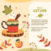 Autumn illustration with mug of coffee or cacao on a wooden stand and leaves vector
