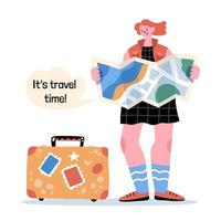 Travelling girl with a map and a suitcase, navigating, looking for the route vector