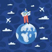 Vector illustration of travelling character with map standing on the globe, sky, clouds and planes around.