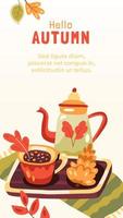 Vertical autumn background with a hot drink, cone and teapot on a wooden tray vector