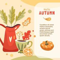 Autumn illustration with hot drink, red jug, pumpkin and leaves, place for text vector