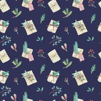 patrón impecable con regalos de navidad, decorado con plantas, cintas y papel de envolver reciclado vector
