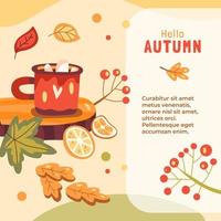 ilustración de otoño con taza de cacao con malvaviscos en un soporte de madera y hojas, lugar para texto vector