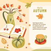 ilustración de otoño con un libro, café, calabaza, galletas y hojas, lugar para texto vector