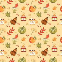 Seamless autumn pattern with hot drinks, fall leaves, candles, pumpkins and berries vector