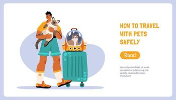 Travelling guy with a cat, luggage and pet carrier vector