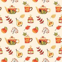 Seamless autumn pattern with hot drinks, fall leaves, candles and berries vector