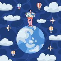 Vector illustration of travelling character with map standing on the globe, sky, clouds and baloons around