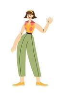 Cheerful brunette women in retro 1960s clothes standing and waving hand vector