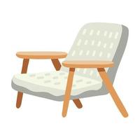 Retro grey fabric armchair with wooden handles and legs, mid-century modern furniture vector