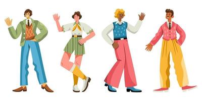 Diverse cheerful men in retro 1960s or 1970s clothes walking, standing, waving hands vector