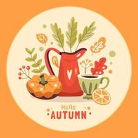 ilustración de otoño con bebida caliente, jarra, calabaza y hojas vector