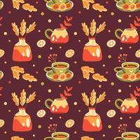 Seamless autumn pattern with hot drinks, cookies, fall leaves and berries vector